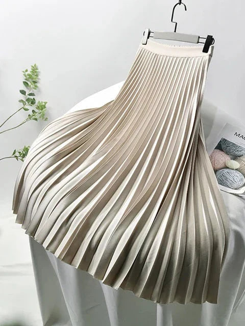 Adōre | Women's Pleated Maxi Skirt – A-Line & High Waist beige