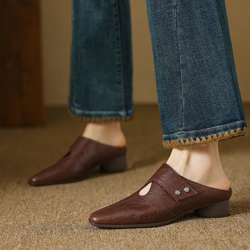 Agnit | Women’s Genuine Leather Mules – Chic Artisan Pointed-Toe & Refined Backless Elegance