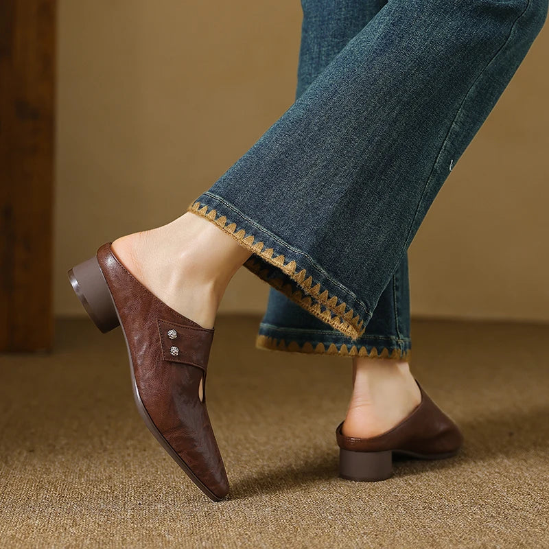Agnit | Women’s Genuine Leather Mules – Chic Artisan Pointed-Toe & Refined Backless Elegance