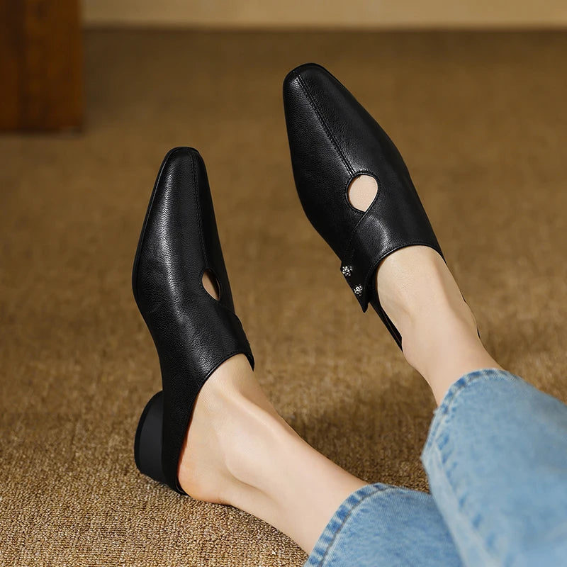 Agnit | Women’s Genuine Leather Mules – Chic Artisan Pointed-Toe & Refined Backless Elegance Black
