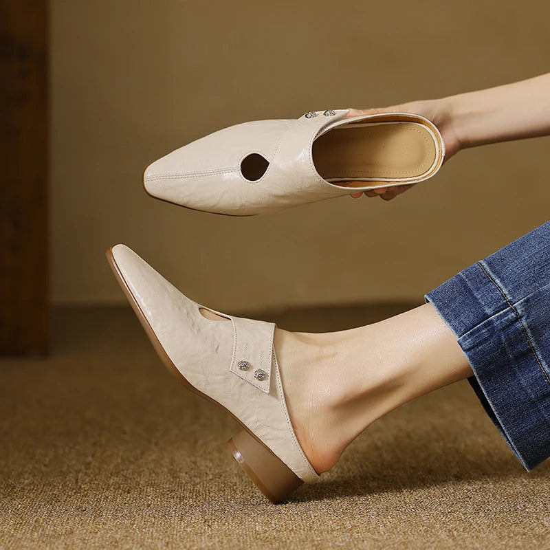 Agnit | Women’s Genuine Leather Mules – Chic Artisan Pointed-Toe & Refined Backless Elegance Beige