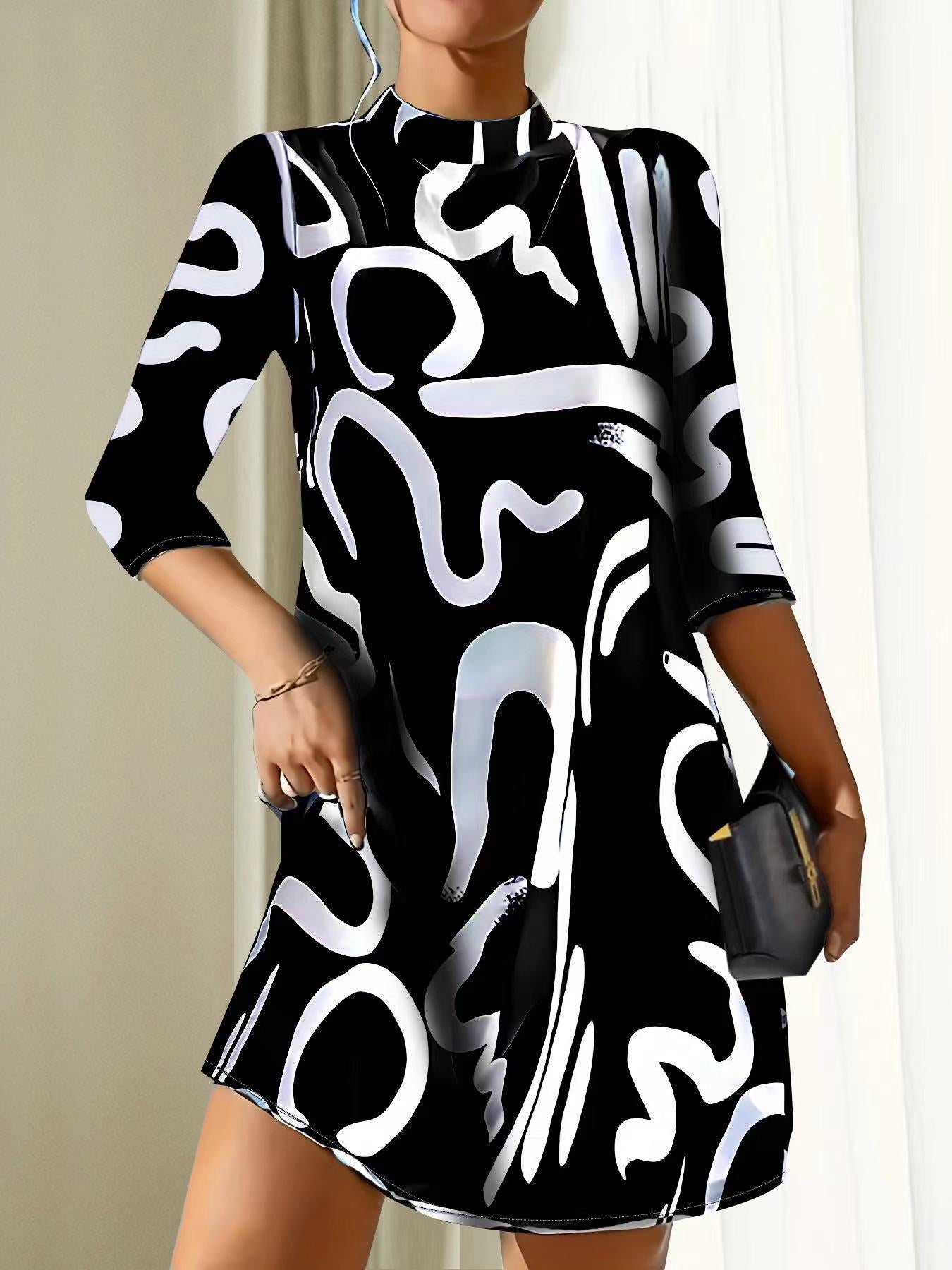 Manda | Women's Round Neck 3/4 Sleeve Mini Dress – Summer Fluidity & Sculptural Minimalism black