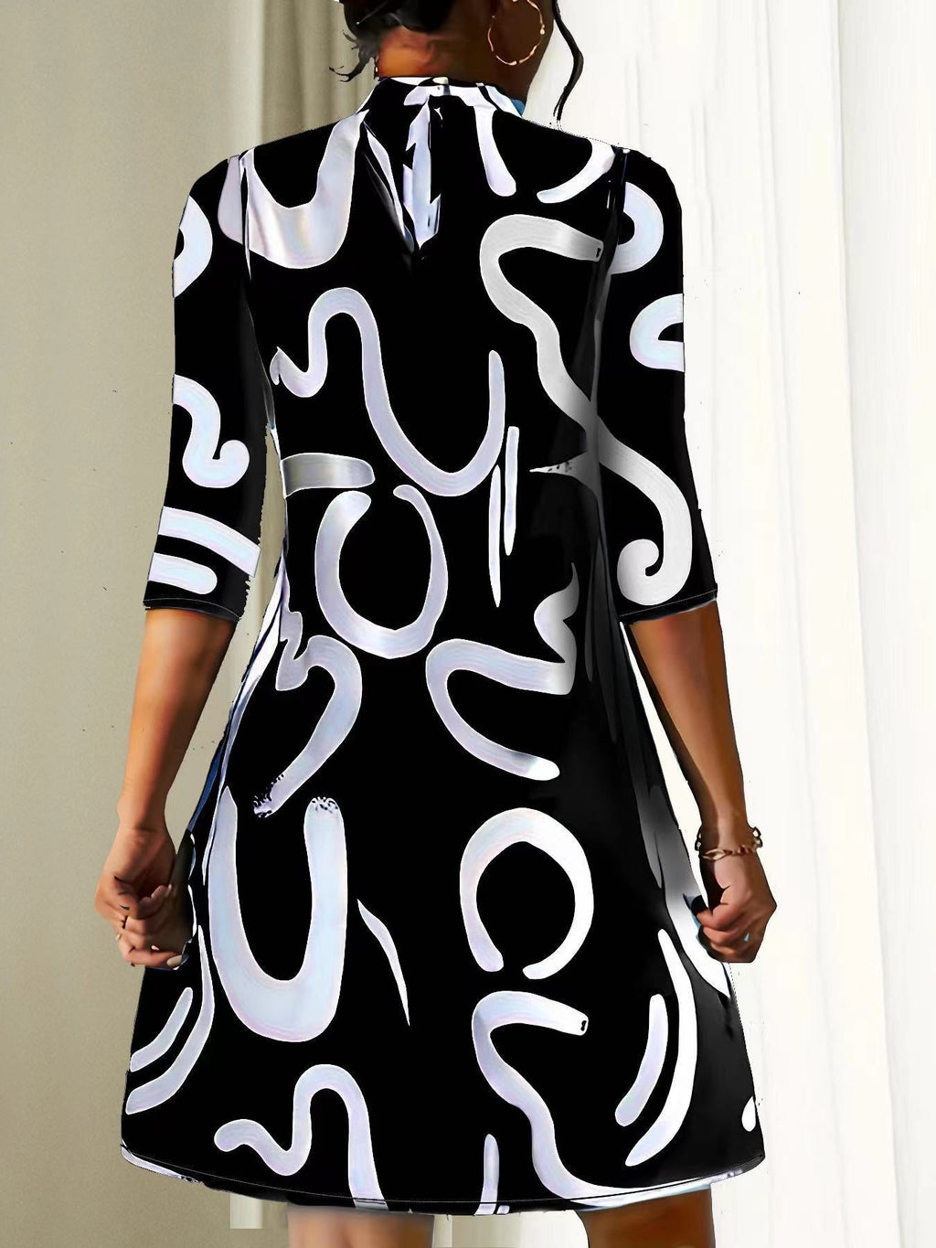 Manda | Women's Round Neck 3/4 Sleeve Mini Dress – Summer Fluidity & Sculptural Minimalism