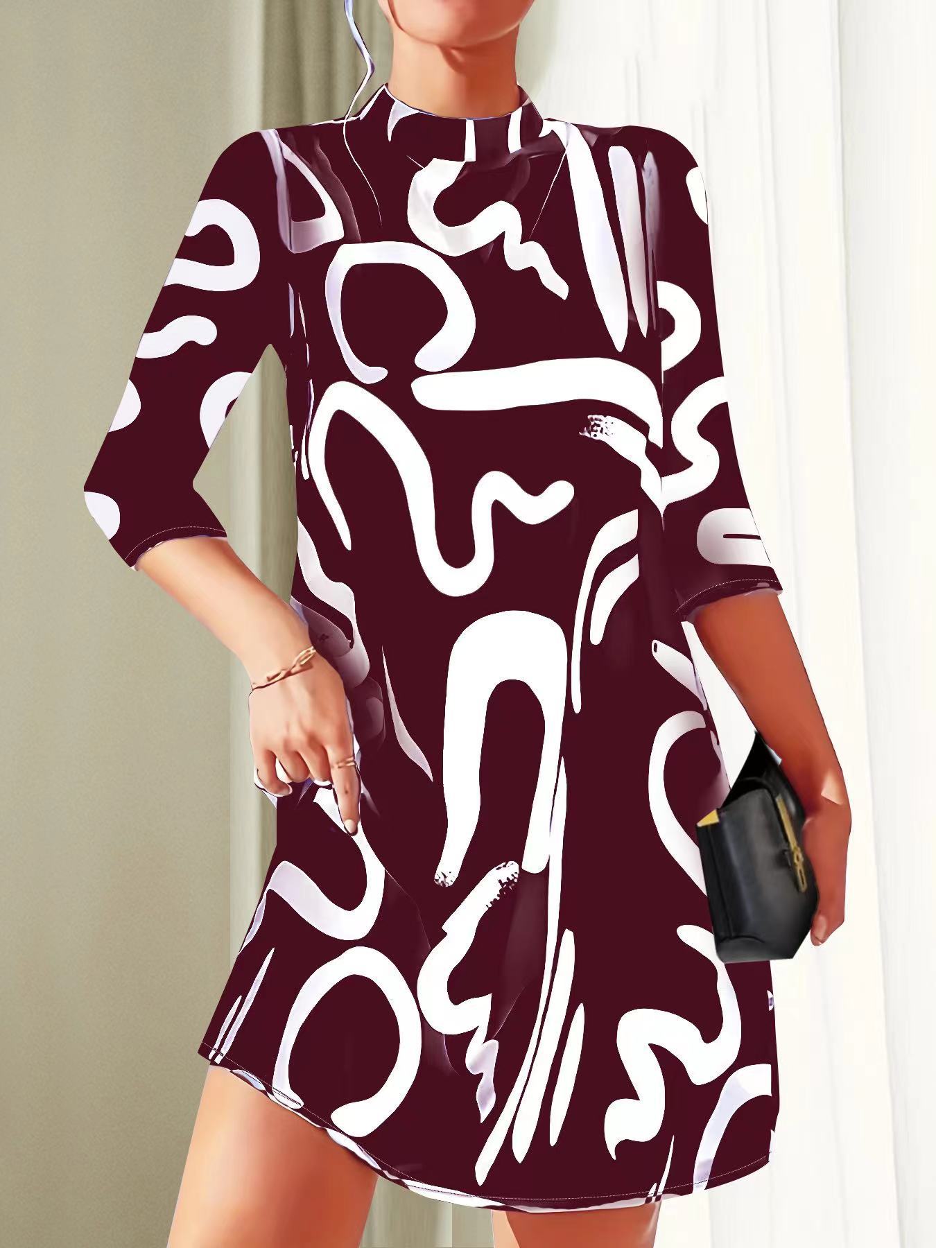 Manda | Women's Round Neck 3/4 Sleeve Mini Dress – Summer Fluidity & Sculptural Minimalism burgundy