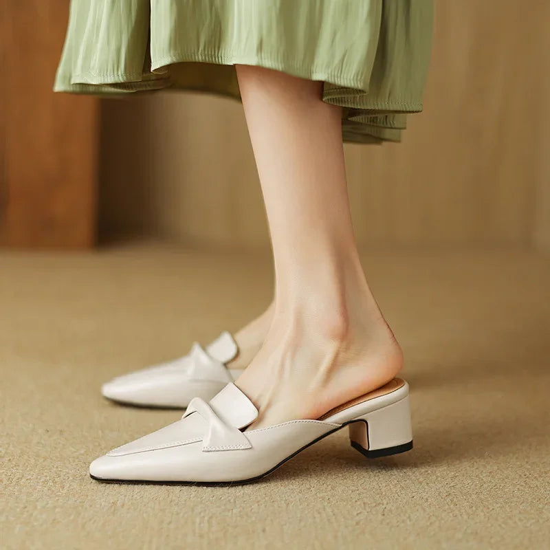 Alaya | Women’s Genuine Leather Mules – Chic Artisan Pointed-Toe & Refined Backless Elegance Beige