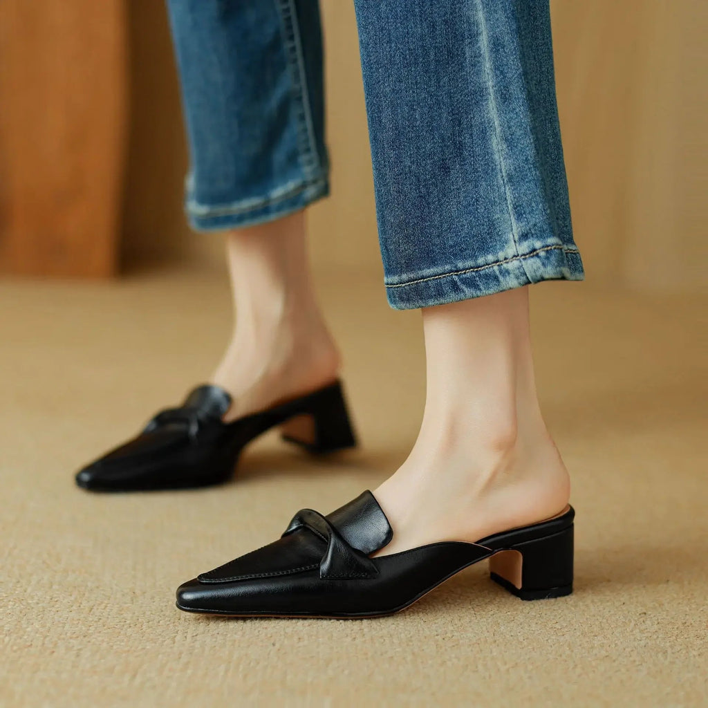 Alaya | Women’s Genuine Leather Mules – Chic Artisan Pointed-Toe & Refined Backless Elegance Black