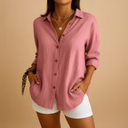 Veda | Women’s Lightweight Long Sleeve Blouse – Chic Artisan Weave & Refined Slimming Silhouette pink