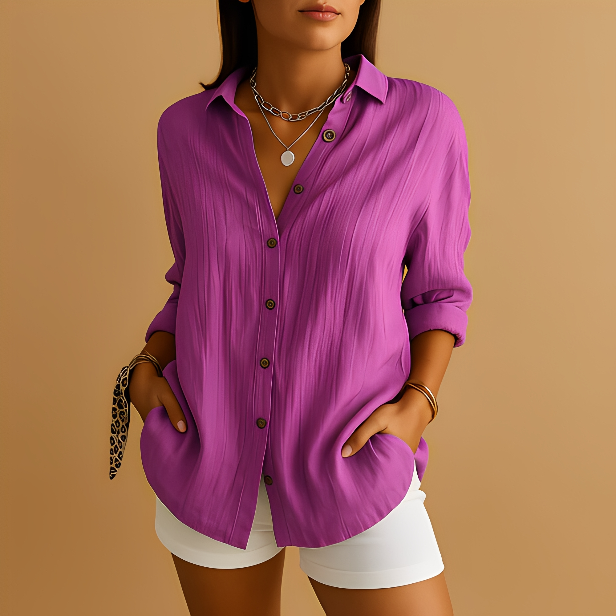 Veda | Women’s Lightweight Long Sleeve Blouse – Chic Artisan Weave & Refined Slimming Silhouette violet