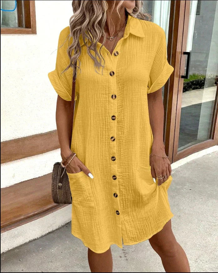 Amore | Casual Cotton Shirt Dress with Button Fastening Yellow