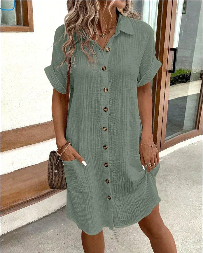 Amore | Casual Cotton Shirt Dress with Button Fastening Green