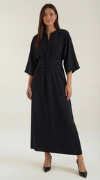 Women's Maxi Dress Belted Waist A-Line Long Dress Black