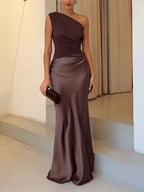 Vanity | Women’s One-Shoulder Maxi Dress – Architectural Pleated Fluidity & Asymmetrical Gala Silhouette Brown