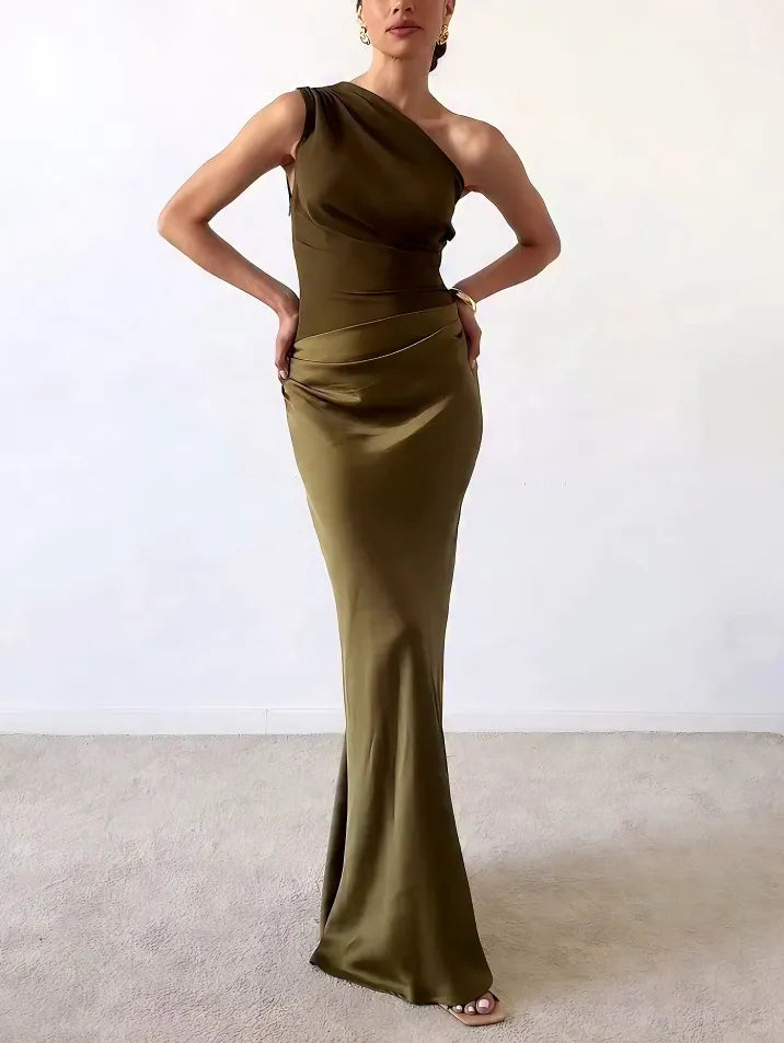 Vanity | Women’s One-Shoulder Maxi Dress – Architectural Pleated Fluidity & Asymmetrical Gala Silhouette Dark Green