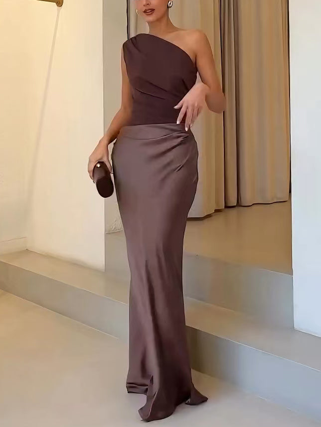 Vanity | Women’s One-Shoulder Maxi Dress – Architectural Pleated Fluidity & Asymmetrical Gala Silhouette