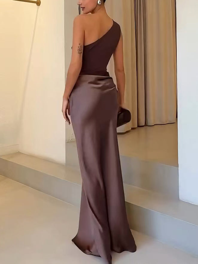 Vanity | Women’s One-Shoulder Maxi Dress – Architectural Pleated Fluidity & Asymmetrical Gala Silhouette