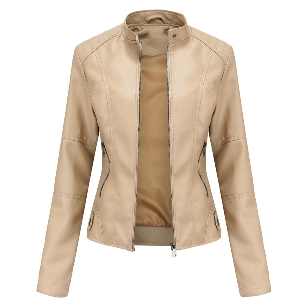 Solis | Women's Jacket | Stand Collar Zipper Pockets Beige