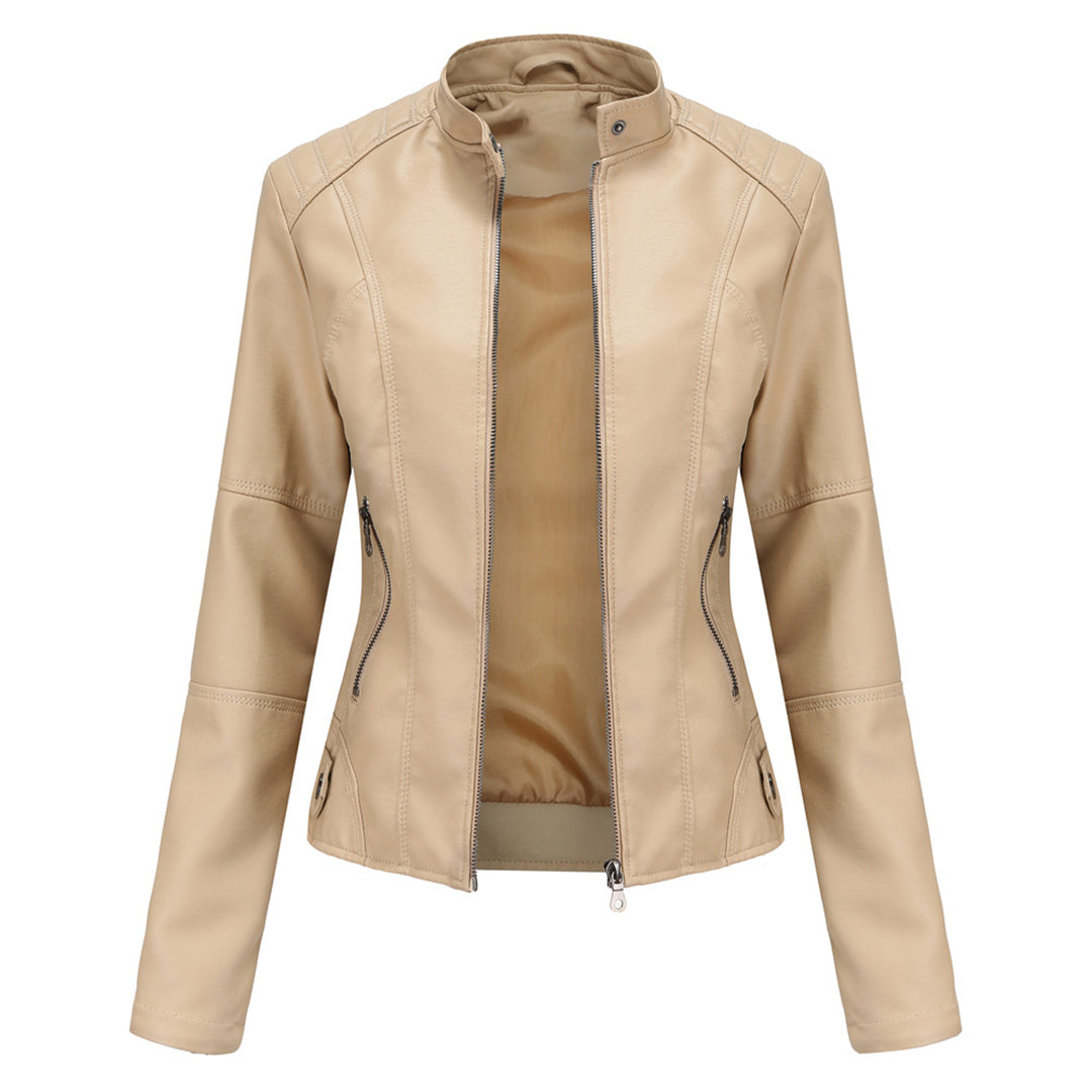 Solis | Women's Jacket | Stand Collar Zipper Pockets Beige