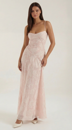 Women's Lace Maxi Dress Floral Embroidery Elegant Evening Pink