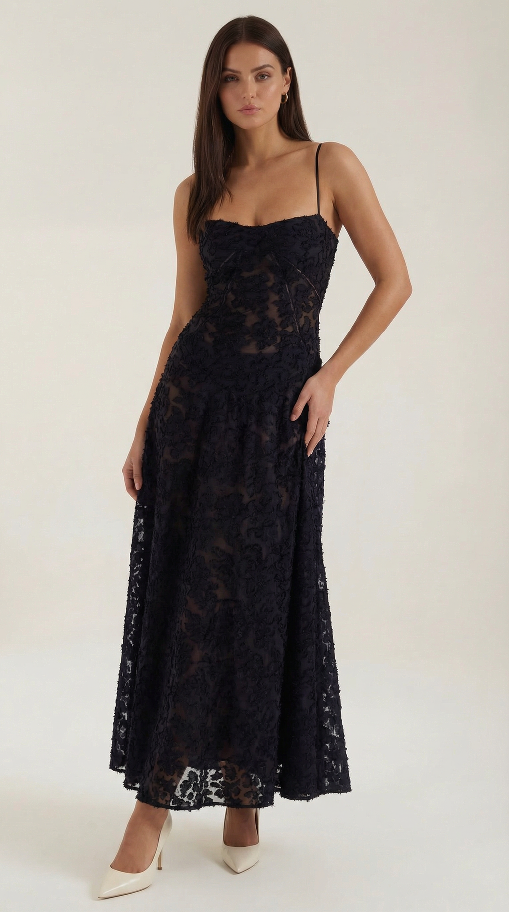 Women's Lace Maxi Dress Floral Embroidery Elegant Evening Black