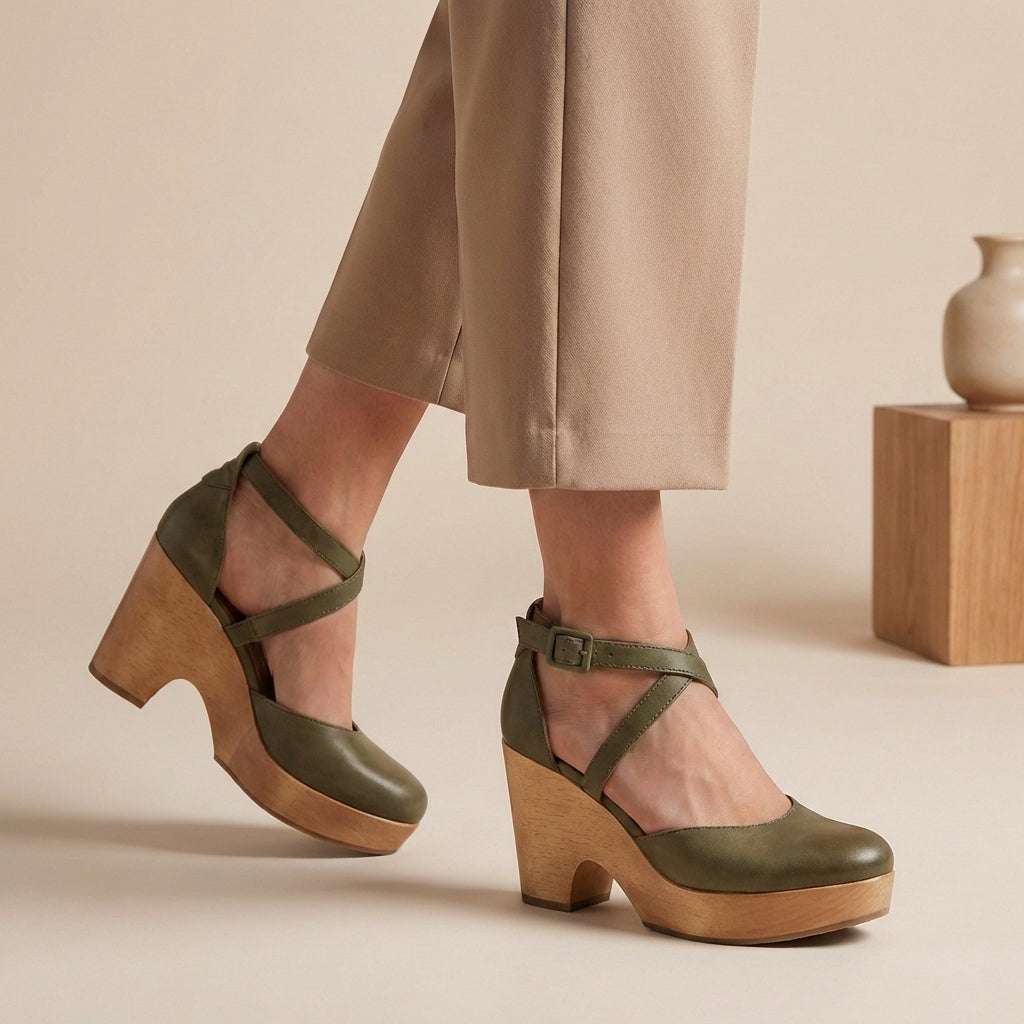 Artisanal Closed-Toe Wood Platform Wedges - Elevated Summer Style for All-Day Wear Green
