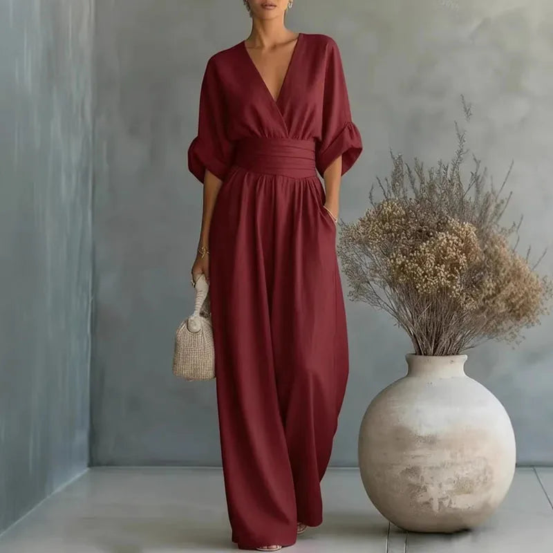 Aurore | Women's Jumpsuit Summer Elegant Wrap V-Neck Wide-Leg Wine Red