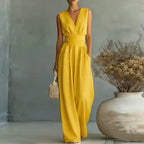 Aurore | Women's Jumpsuit Summer Elegant Wrap V-Neck Wide-Leg Sleeveless Yellow