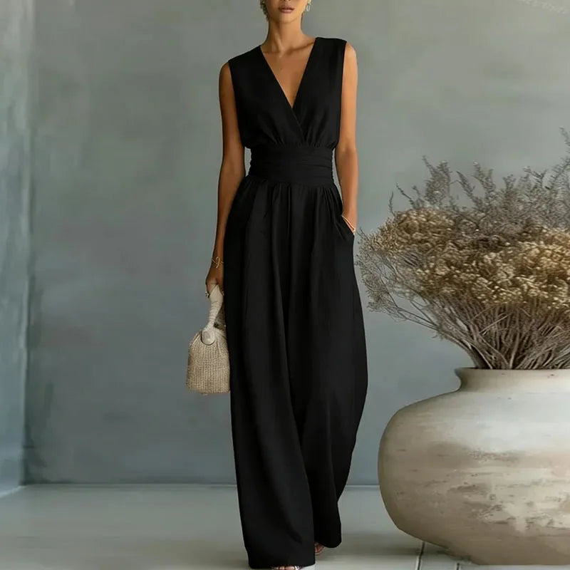 Aurore | Women's Jumpsuit Summer Elegant Wrap V-Neck Wide-Leg Sleeveless Black