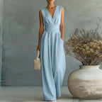 Aurore | Women's Jumpsuit Summer Elegant Wrap V-Neck Wide-Leg Sleeveless Sky Blue
