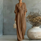 Aurore | Women's Jumpsuit Summer Elegant Wrap V-Neck Wide-Leg Dark Brown