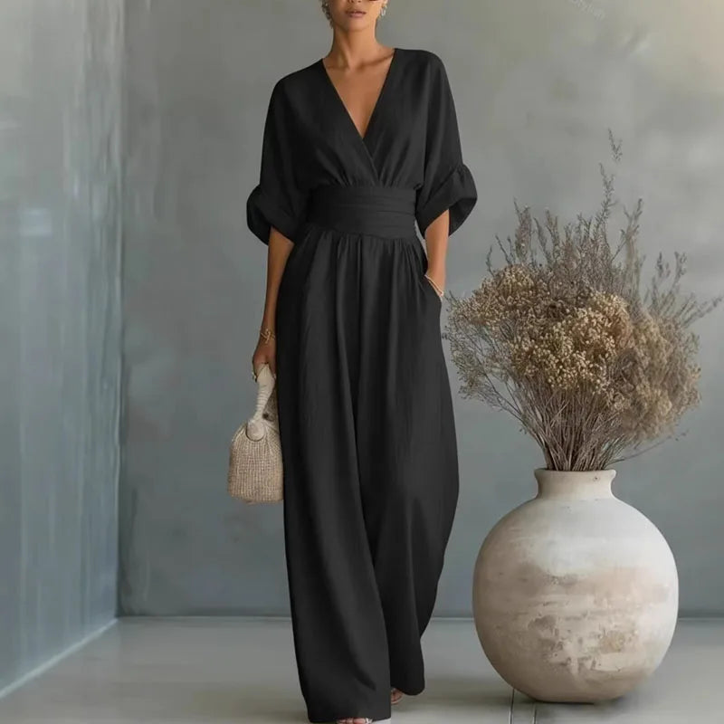 Aurore | Women's Jumpsuit Summer Elegant Wrap V-Neck Wide-Leg Black