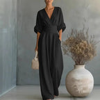 Aurore | Women's Jumpsuit Summer Elegant Wrap V-Neck Wide-Leg Black