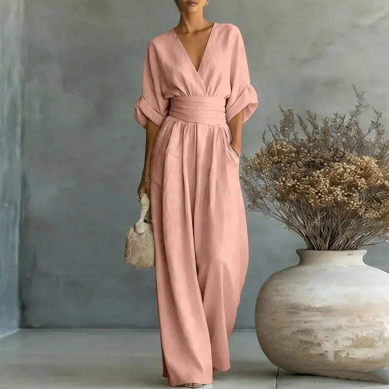 Aurore | Women's Jumpsuit Summer Elegant Wrap V-Neck Wide-Leg Pink