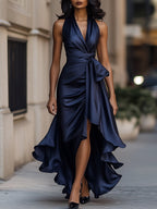 Giselle | Dramatic And Luxurious Satin Wrap Maxi Dress Navy Blue