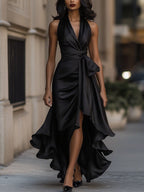 Giselle | Dramatic And Luxurious Satin Wrap Maxi Dress Black
