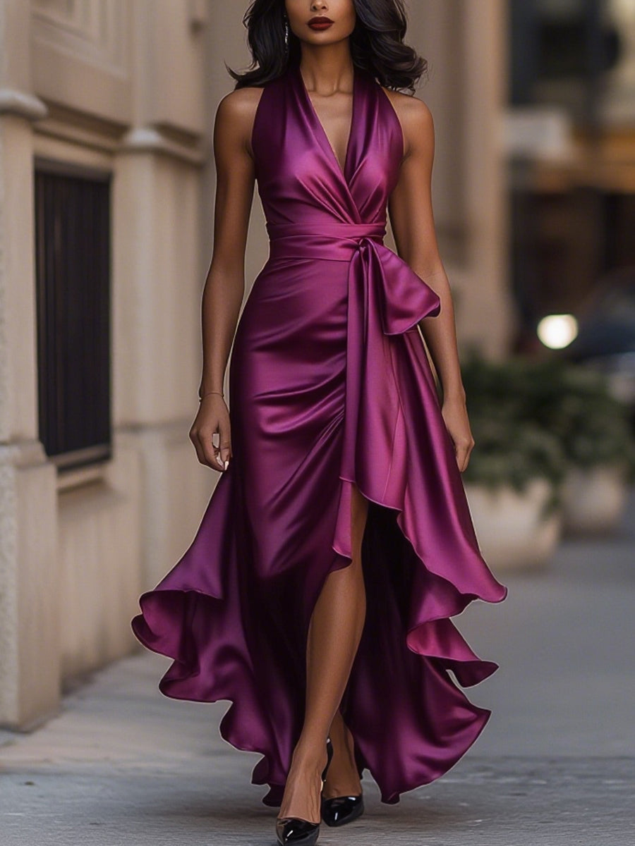 Giselle | Dramatic And Luxurious Satin Wrap Maxi Dress Fuchsia