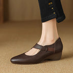 Avelle | Genuine Leather Mary Jane Heels – Luxury Designer Block Shoes & Slimming Retro Pump Footwear Brown