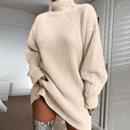 Sephira | Women's Long Winter Sweater Dress - Oversized Knitted Turtleneck & Maxi Sweater Light brown