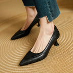 Belle | Genuine Leather Heels – Luxury Designer Block Heel & Slimming Classic Pump Black