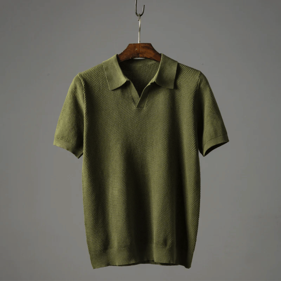 Hommes | Men's Knitted Polo Shirt - Short Sleeve Breathable Knit Top Olive Green