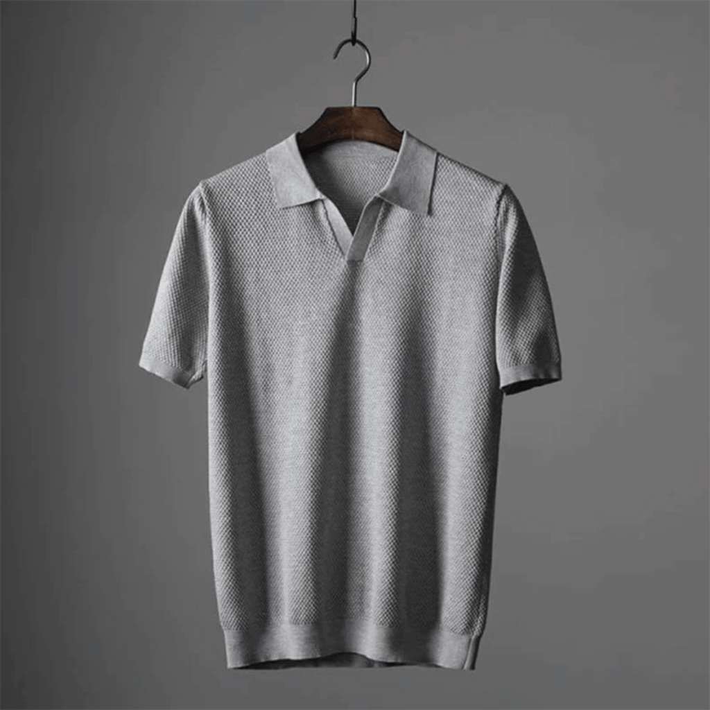 Hommes | Men's Knitted Polo Shirt - Short Sleeve Breathable Knit Top Light Grey