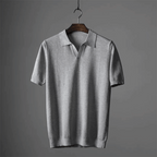 Hommes | Men's Knitted Polo Shirt - Short Sleeve Breathable Knit Top Light Grey