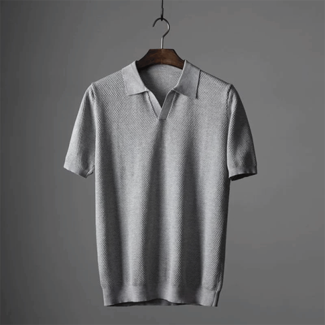 Hommes | Men's Knitted Polo Shirt - Short Sleeve Breathable Knit Top Light Grey