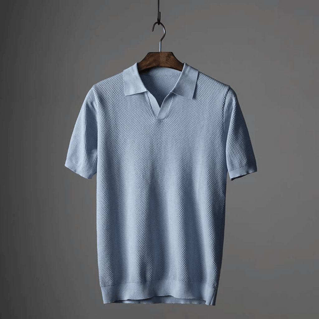 Hommes | Men's Knitted Polo Shirt - Short Sleeve Breathable Knit Top Sky Blue