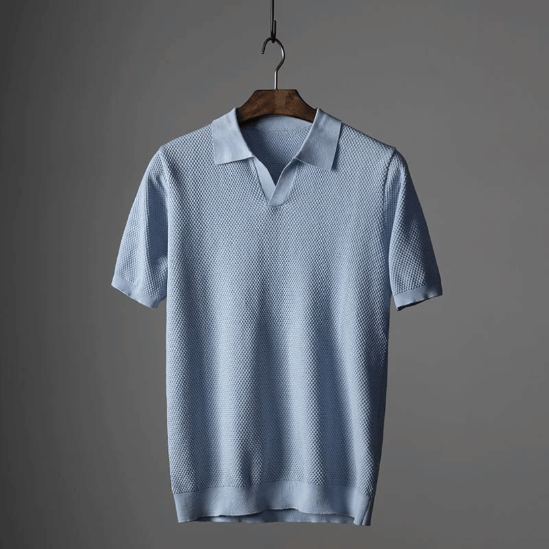 Hommes | Men's Knitted Polo Shirt - Short Sleeve Breathable Knit Top Sky Blue