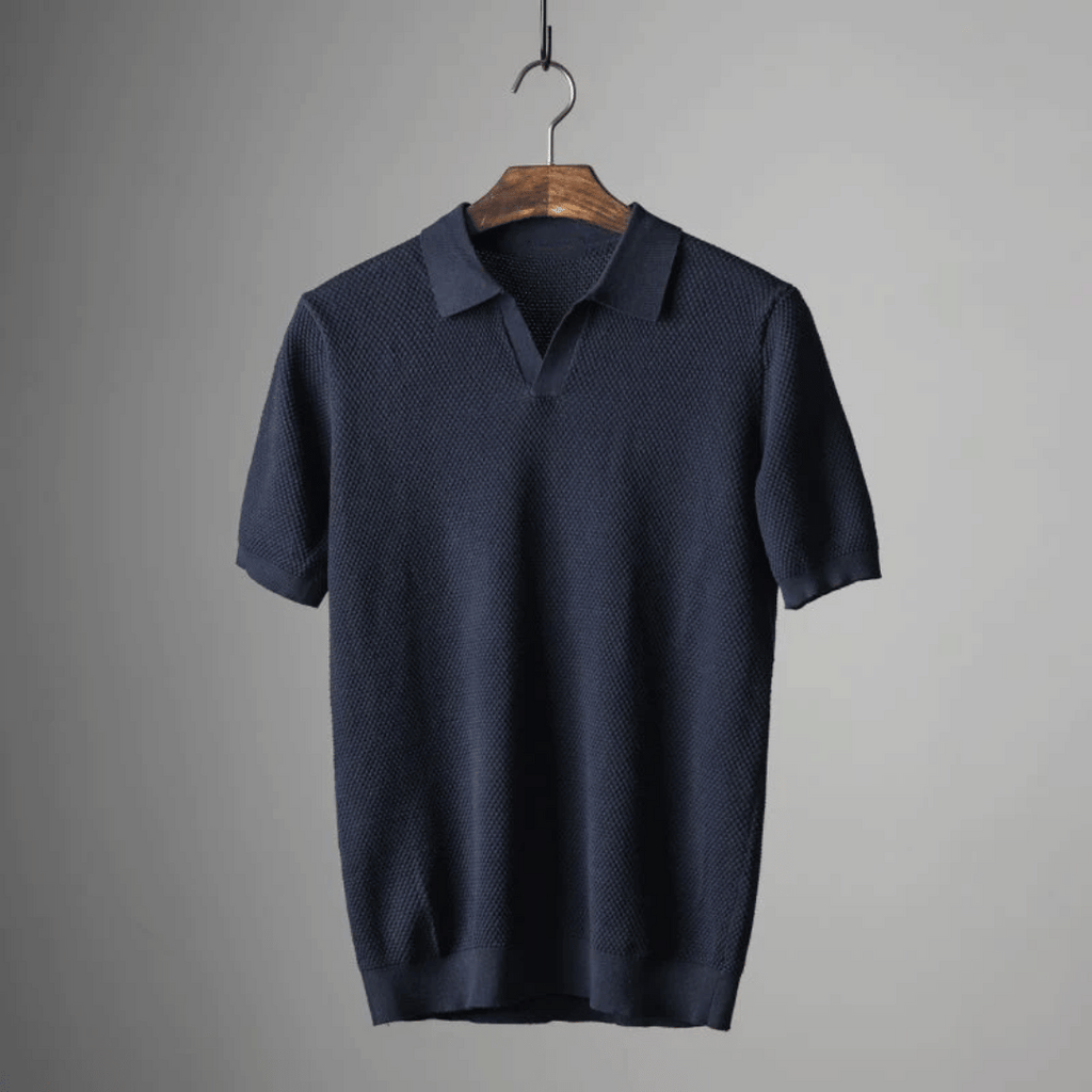 Hommes | Men's Knitted Polo Shirt - Short Sleeve Breathable Knit Top Navy Blue