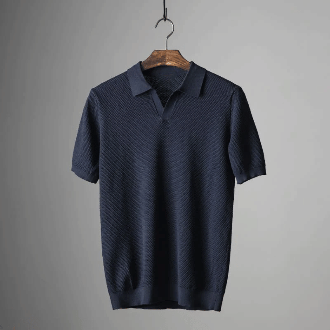 Hommes | Men's Knitted Polo Shirt - Short Sleeve Breathable Knit Top Navy Blue