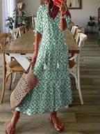 Women's Short-Sleeved V-Neck Bohemian Summer Dress | Maxi green