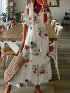 Women's Short-Sleeved V-Neck Bohemian Summer Dress | Maxi white