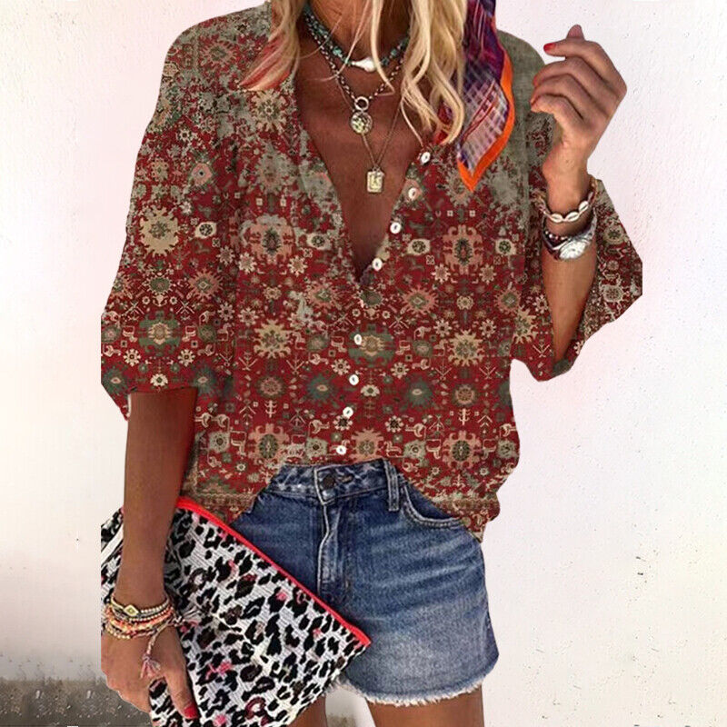 Floral Blouse Women | Button Closure & Comfortable Half Sleeves Brown
