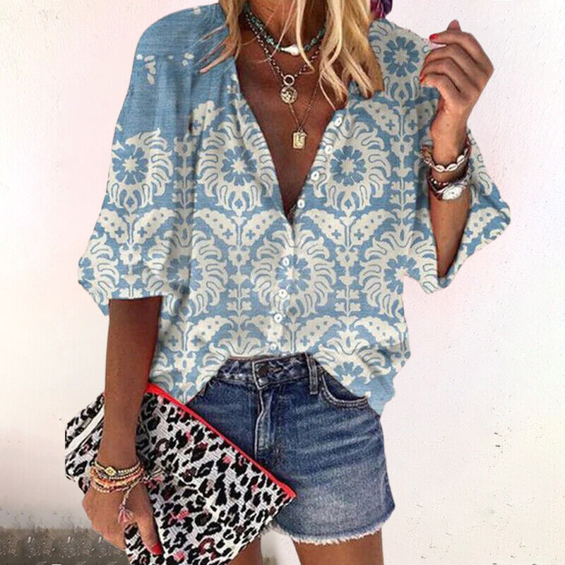 Floral Blouse Women | Button Closure & Comfortable Half Sleeves Blue